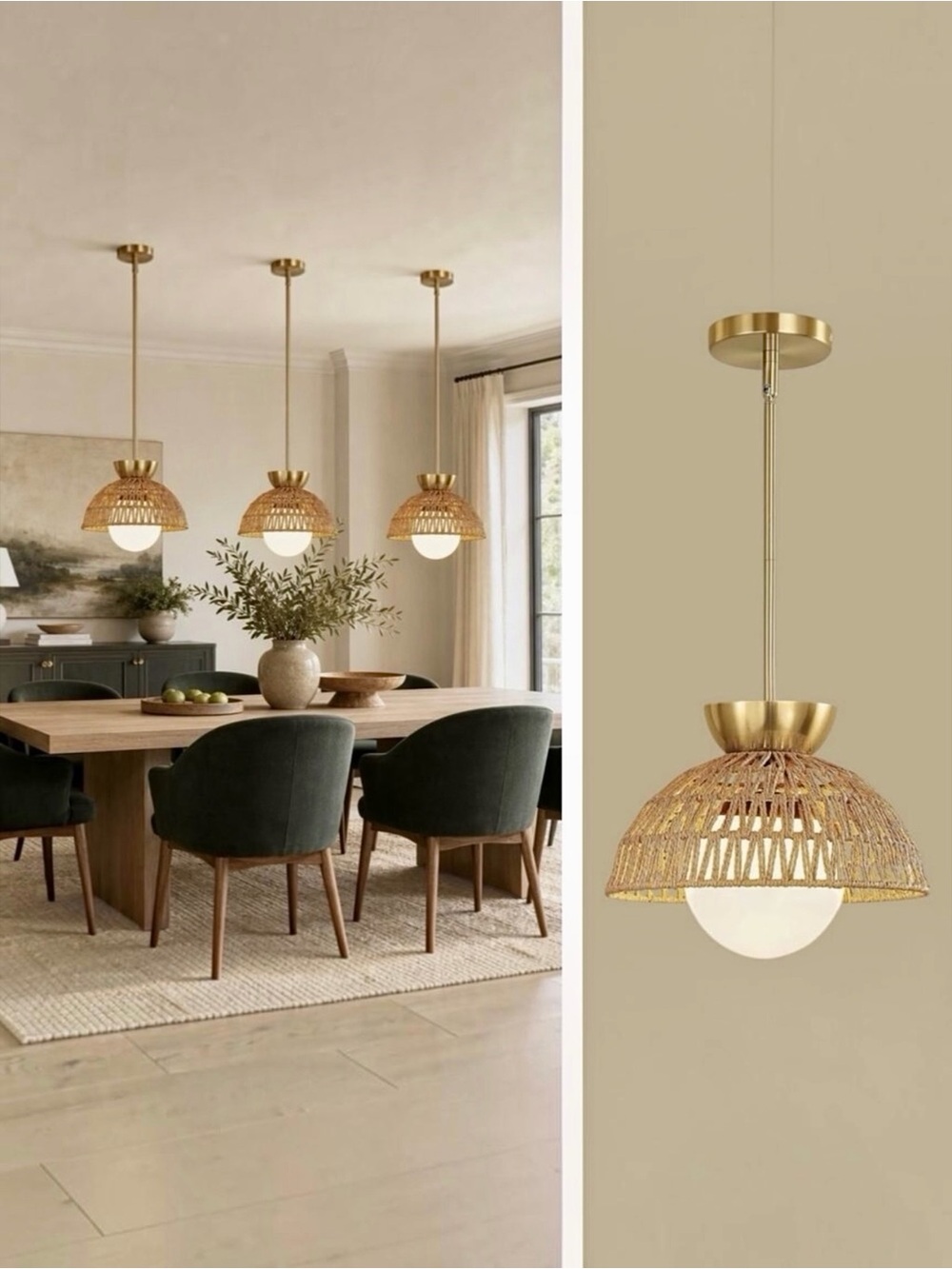 NEW West Elm Gold & Rattan Glass Globe Woven Hanging Boho Pendant Light Fixture